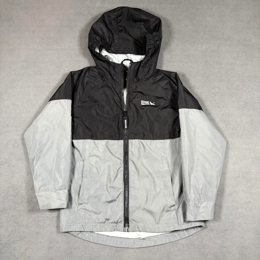 Eddie Bauer Windbreaker Jacket Kids XS (5/6) Black Gray Colorblock Hooded